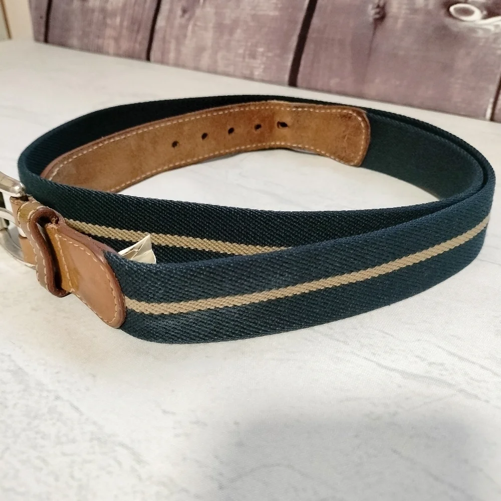 VINTAGE LL BEAN CANVAS LEATHER BELT ( MENS Sz 38) NAVY KHAKI STRIPED